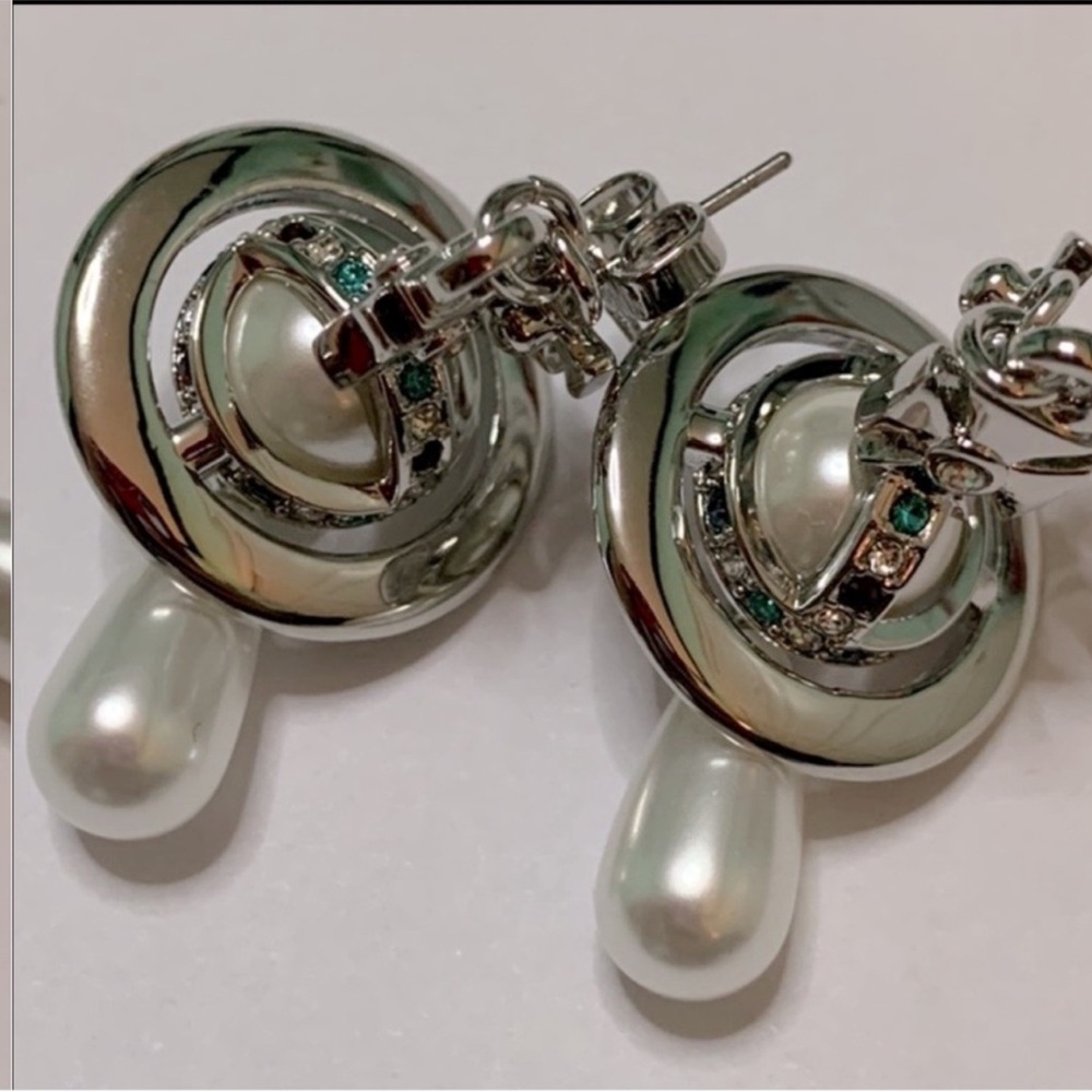 silver Saturn 🪐 orb pearl drop earrings 18k gold plated silver New - Picture 5 of 5